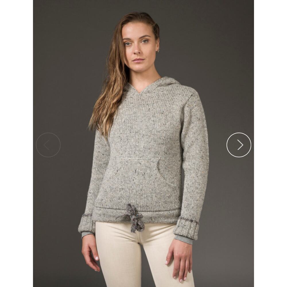 Women’s 100% Wool Hoodie Gray Donegal Yarns Aran Knit Sweater Made in Ireland S